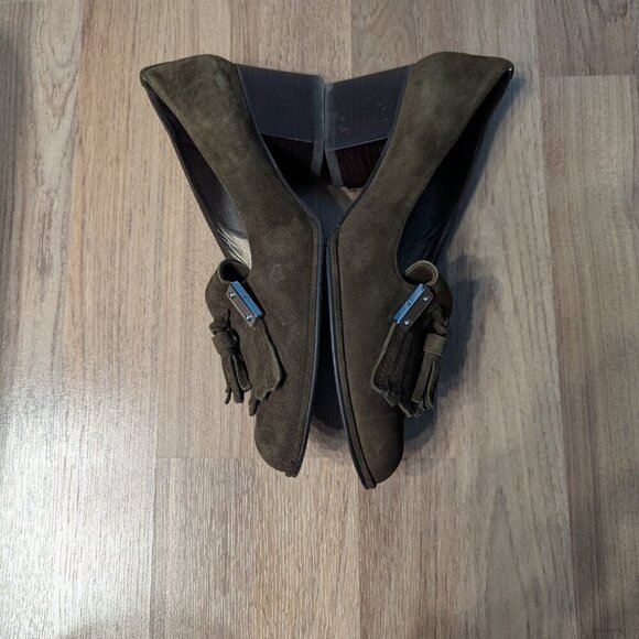 Stuart Weitzman Suede Tassel Heels | Olive Green | Loafer Style - Picture 7 of 11
